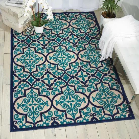 Navy and Beige Trellis Indoor Outdoor Area Rug Photo 5