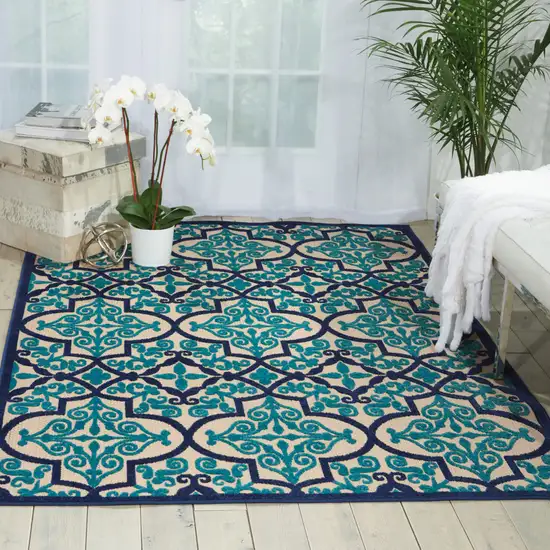 Blue And Ivory Moroccan Indoor Outdoor Area Rug Photo 4