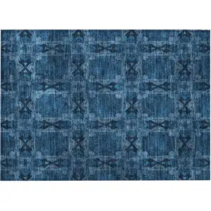 Photo of Navy and Gray Floral Medallion Washable Non Skid Indoor Outdoor Area Rug