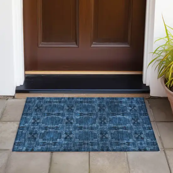 Navy and Gray Floral Medallion Washable Non Skid Indoor Outdoor Area Rug Photo 8