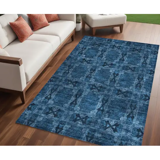 Navy and Gray Floral Medallion Washable Non Skid Indoor Outdoor Area Rug Photo 1