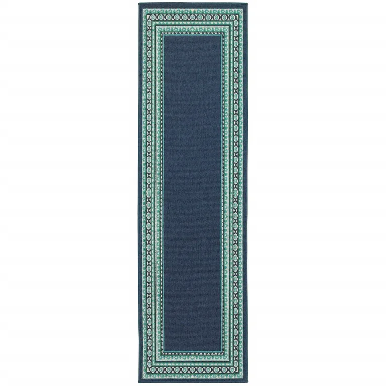 Navy and Green Geometric Indoor Outdoor Runner Rug Photo 2