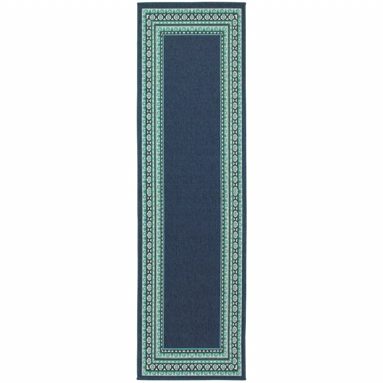 Navy and Green Geometric Indoor Outdoor Runner Rug Photo 1