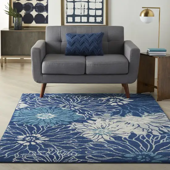 Blue And Ivory Floral Power Loom Area Rug Photo 7