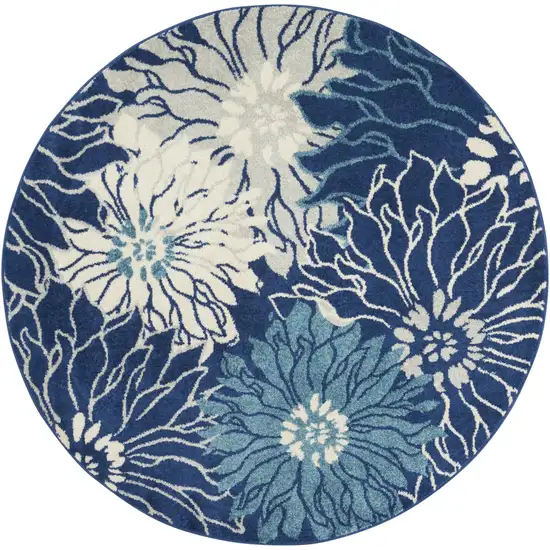 4' Blue And Ivory Round Floral Dhurrie Area Rug Photo 4