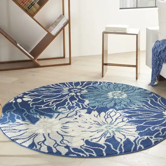 4' Blue And Ivory Floral Round Rug Photo 7