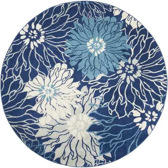 8' Blue And Ivory Floral Round Rug Photo 1