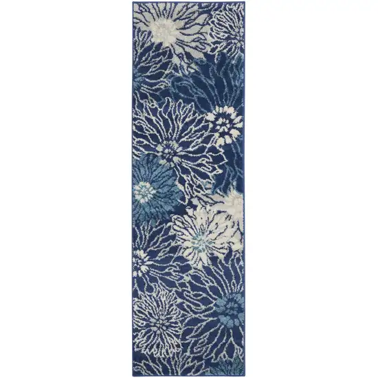 Navy and Ivory Floral Runner Rug Photo 1