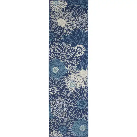 8' Blue And Ivory Floral Runner Rug Photo 1