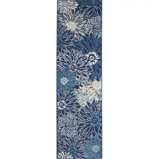 Navy and Ivory Floral Runner Rug Photo 1