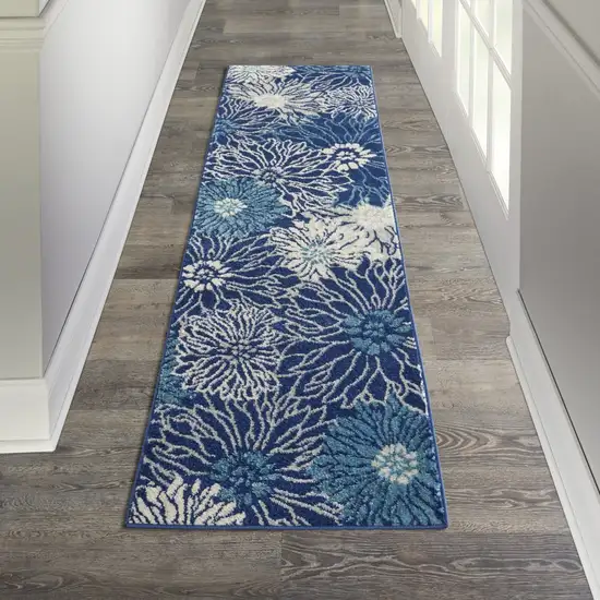 Navy and Ivory Floral Runner Rug Photo 6