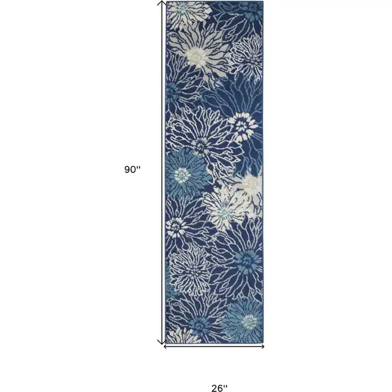 8' Blue And Ivory Floral Runner Rug Photo 7