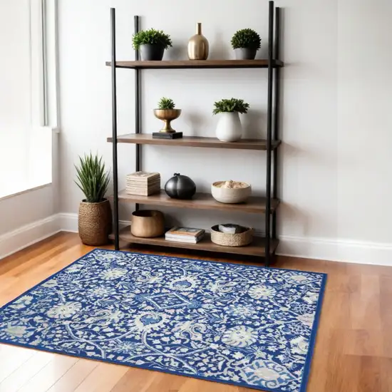 Navy Blue Floral Dhurrie Area Rug Photo 2