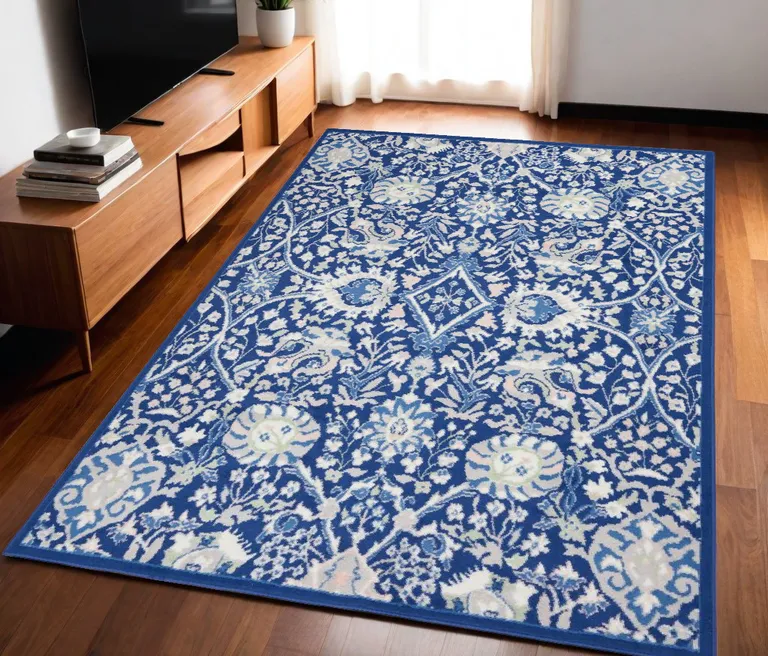 Navy and Ivory Intricate Floral Area Rug Photo 3