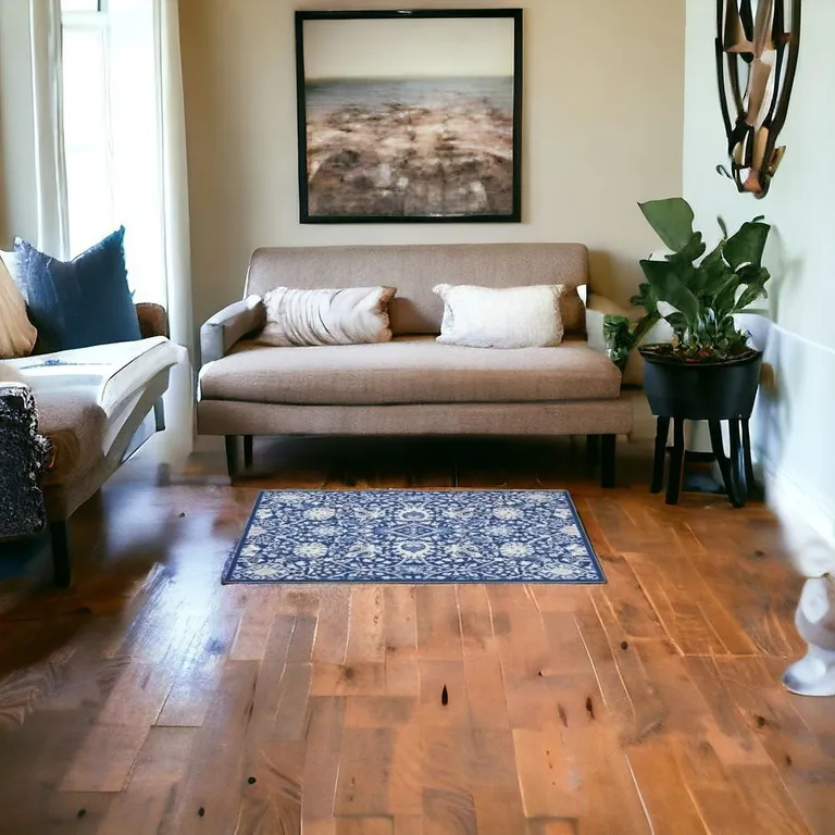 Navy and Ivory Intricate Floral Area Rug Photo 3