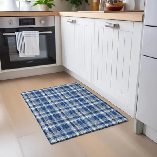 Navy and Ivory Plaid Washable Non Skid Indoor Outdoor Area Rug Photo 9