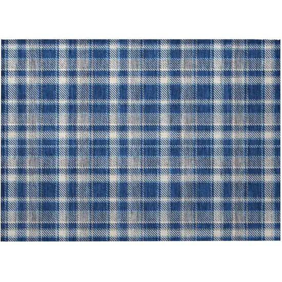 Navy and Ivory Plaid Washable Non Skid Indoor Outdoor Area Rug Photo 5