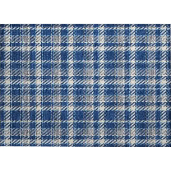 Navy and Ivory Plaid Washable Non Skid Indoor Outdoor Area Rug Photo 2