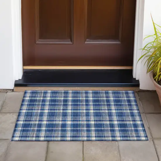 Navy and Ivory Plaid Washable Non Skid Indoor Outdoor Area Rug Photo 8