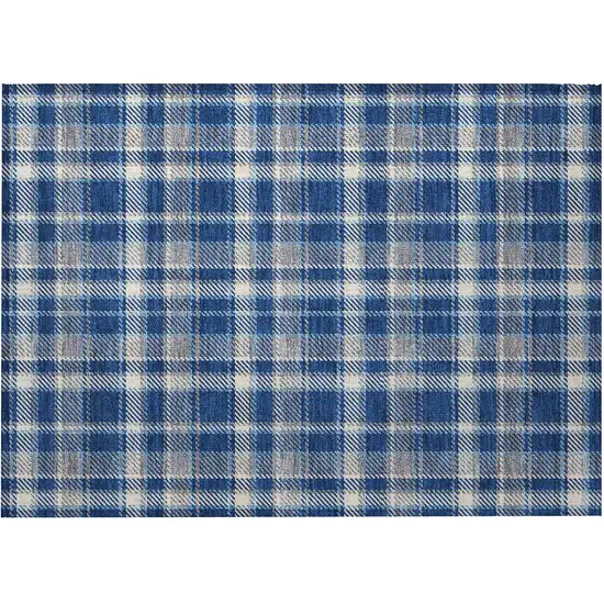 Navy and Ivory Plaid Washable Non Skid Indoor Outdoor Area Rug Photo 4