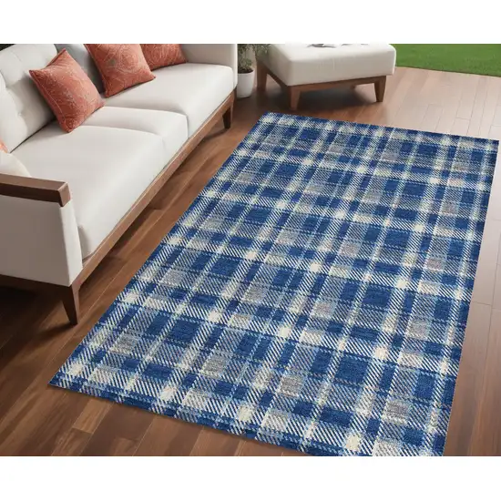 Navy and Ivory Plaid Washable Non Skid Indoor Outdoor Area Rug Photo 1