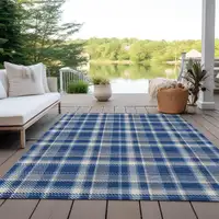 Photo of Navy and Ivory Plaid Washable Non Skid Indoor Outdoor Area Rug