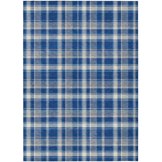 Navy and Ivory Plaid Washable Non Skid Indoor Outdoor Area Rug Photo 2