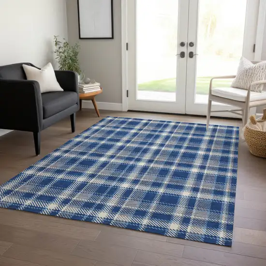 Navy and Ivory Plaid Washable Non Skid Indoor Outdoor Area Rug Photo 9