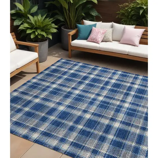 Navy and Ivory Plaid Washable Non Skid Indoor Outdoor Area Rug Photo 1