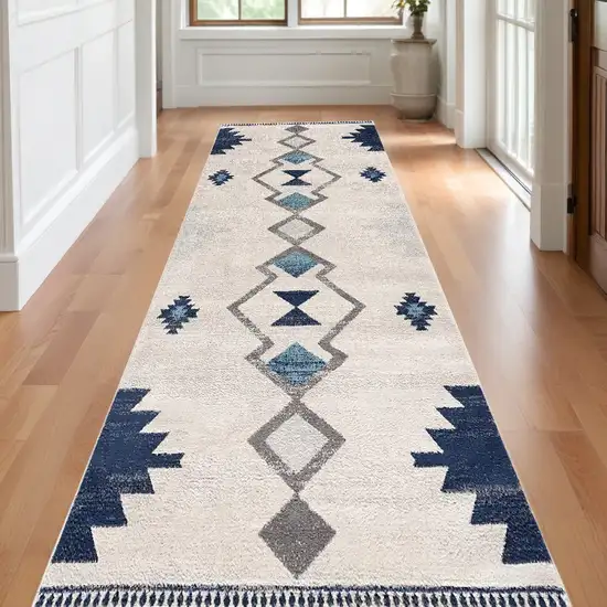 Blue and Ivory Southwestern Runner Rug Photo 1