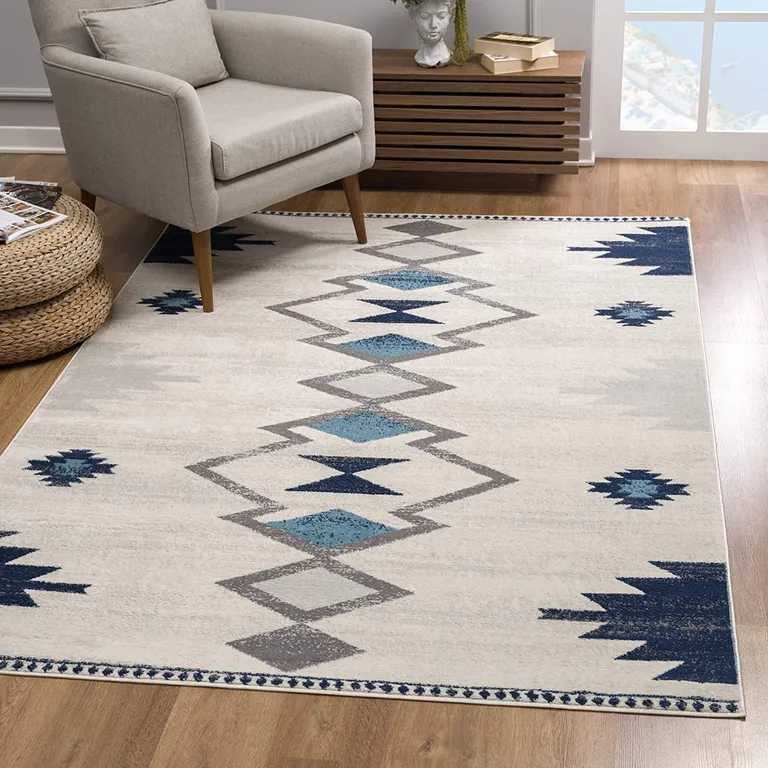 Navy and Ivory Tribal Pattern Runner Rug Photo 4