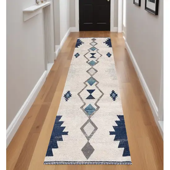 Blue and Ivory Southwestern Runner Rug Photo 1