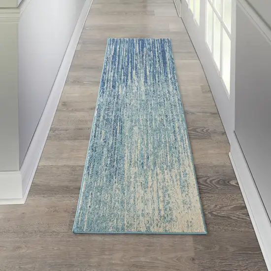 6' Blue and Ivory Abstract Power Loom Runner Rug Photo 6