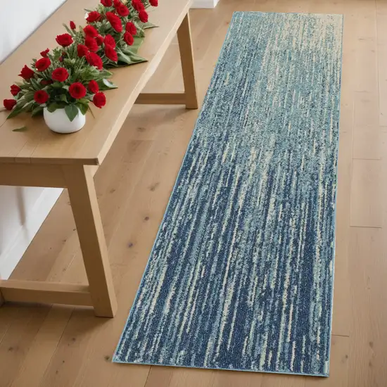 6' Ivory And Blue Abstract Power Loom Runner Rug Photo 1