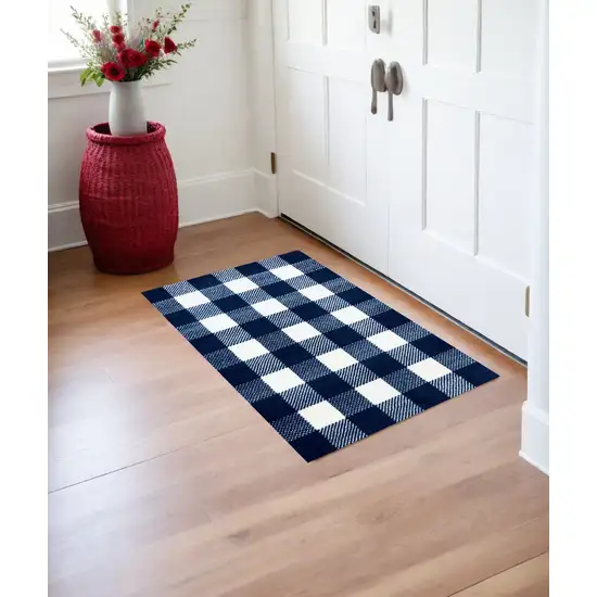 Navy and White Buffalo Plaid Washable Floor Mat Photo 1