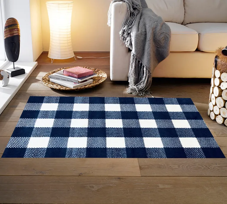 Navy and White Buffalo Plaid Washable Floor Mat Photo 3