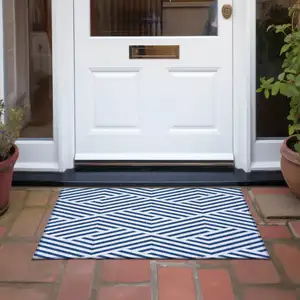 Photo of Navy and White Geometric Washable Non Skid Indoor Outdoor Area Rug