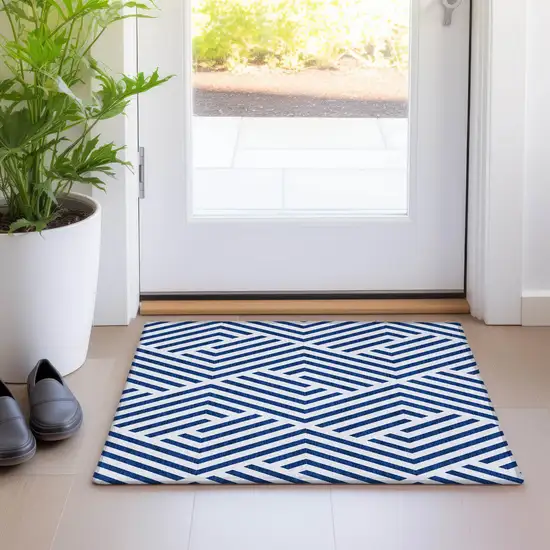 Navy and White Geometric Washable Non Skid Indoor Outdoor Area Rug Photo 9