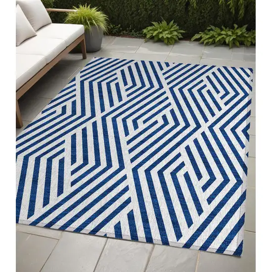 Navy and White Geometric Washable Non Skid Indoor Outdoor Area Rug Photo 1