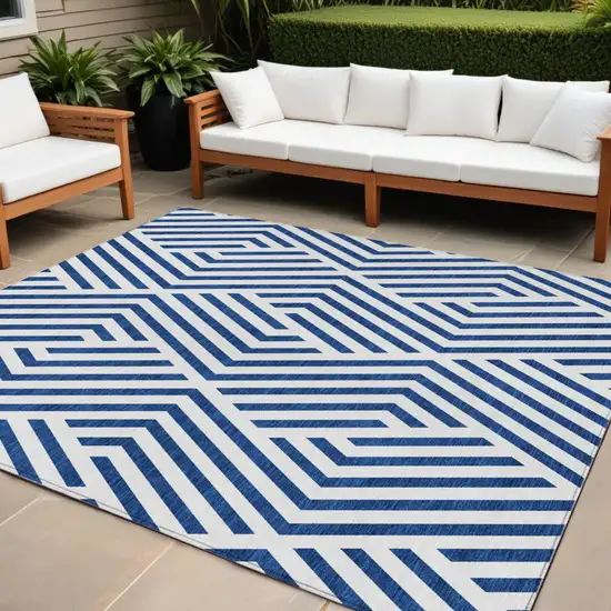 Navy and White Geometric Washable Non Skid Indoor Outdoor Area Rug Photo 1