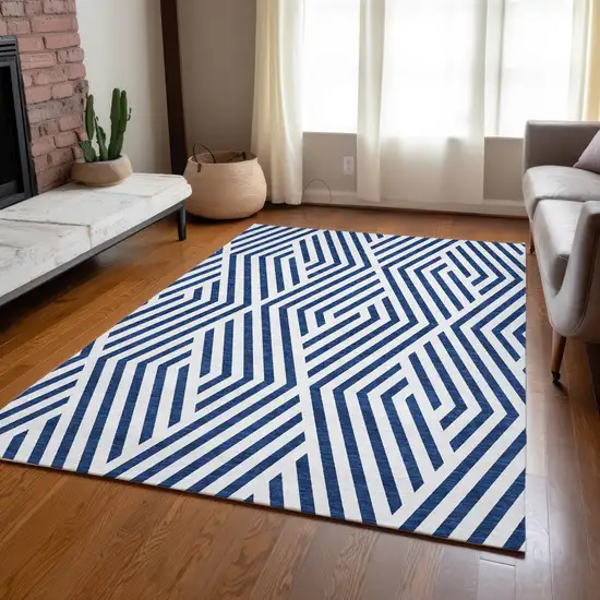 Navy and White Geometric Washable Non Skid Indoor Outdoor Area Rug Photo 8