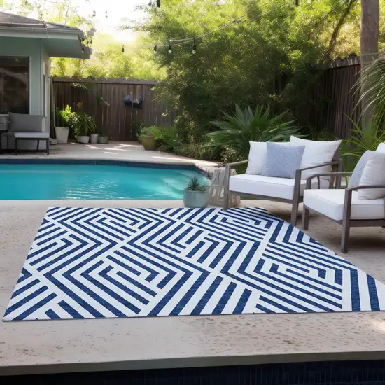 Navy and White Geometric Washable Non Skid Indoor Outdoor Area Rug Photo 9