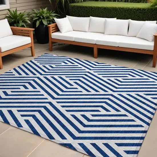 Navy and White Geometric Washable Non Skid Indoor Outdoor Area Rug Photo 1