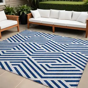 Photo of Navy and White Geometric Washable Non Skid Indoor Outdoor Area Rug