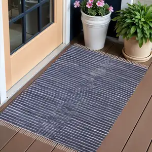 Photo of Navy and White Striped Handmade Indoor Outdoor Area Rug