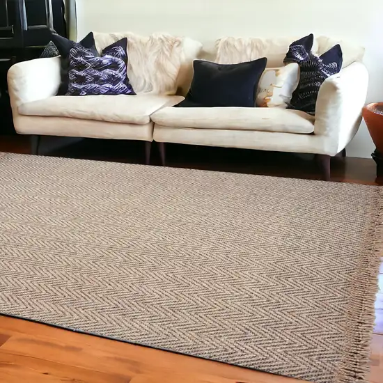 9'X12' Oatmeal Beige Hand Woven Herringbone With Braided Fringe Indoor Area Rug Photo 1