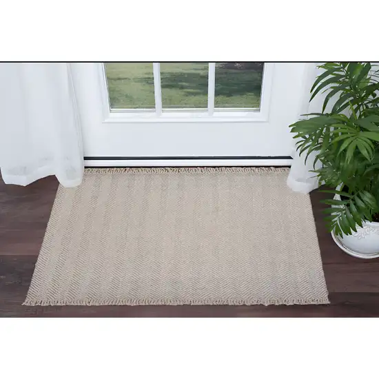 Oatmeal Beige Wool Chevron Hand Woven Area Rug Photo 1