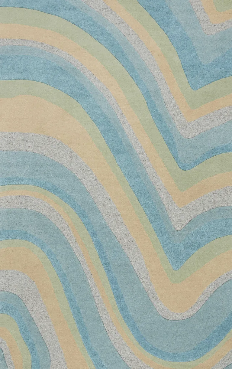 Ocean Blue Beige Hand Tufted Abstract Waves Indoor Accent Rug Photo 1