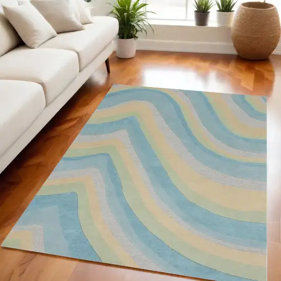 Ocean Blue Beige Hand Tufted Abstract Waves Indoor Area Rug Photo 1