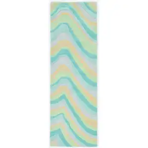 Photo of Ocean Blue Beige Hand Tufted Abstract Waves Indoor Runner Rug